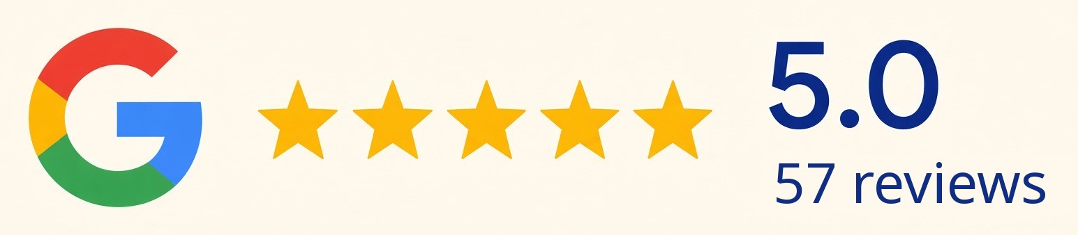 Google 5.0 stars, 57 reviews