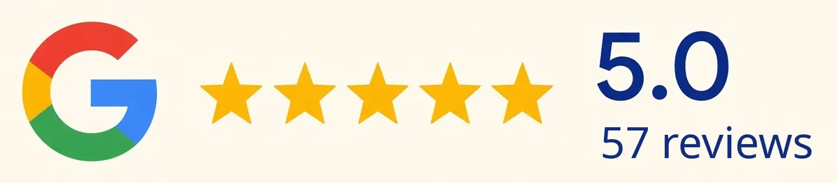 Google 5.0 stars, 57 reviews