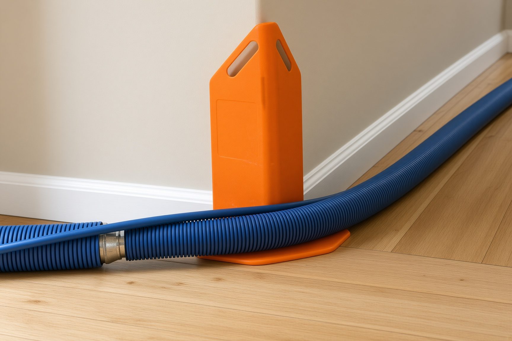 Orange corner guards protecting a stair newel from truck-mount hoses
