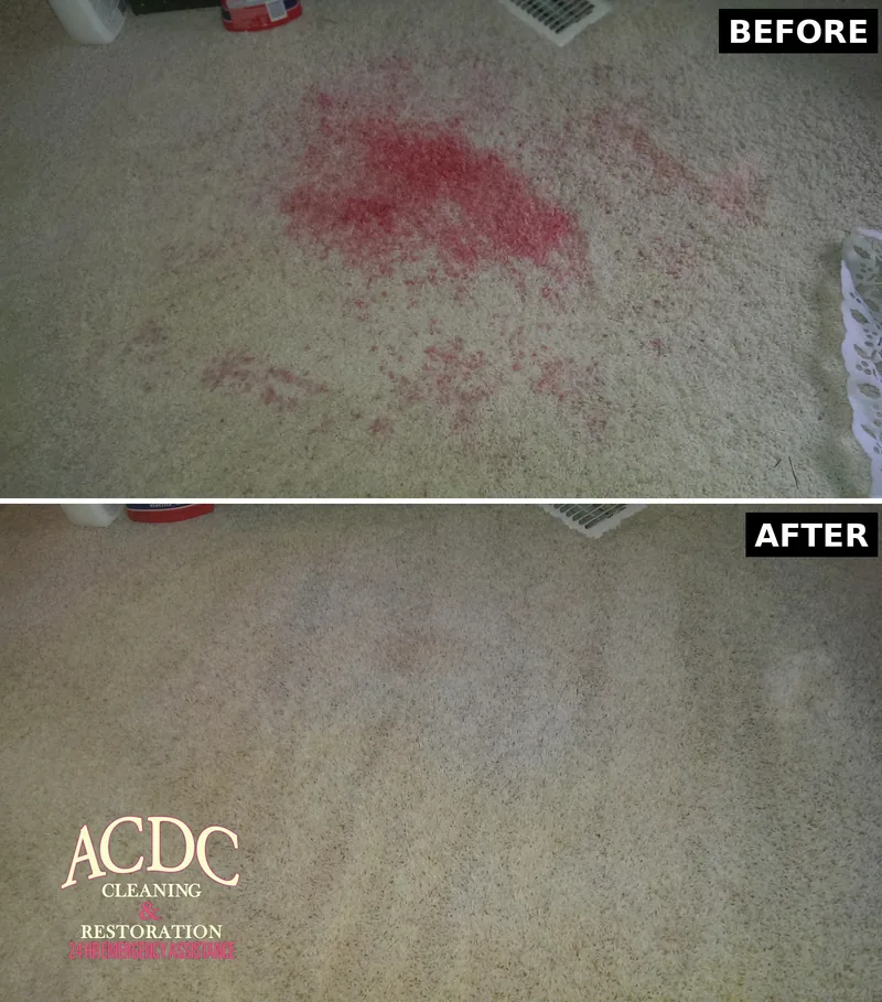 Beige carpet with a red juice spill, before and after cleaning